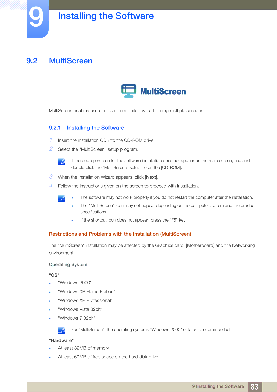 Samsung LF24TOWHBFM/XY manual Installing the Software, Restrictions and Problems with the Installation MultiScreen 