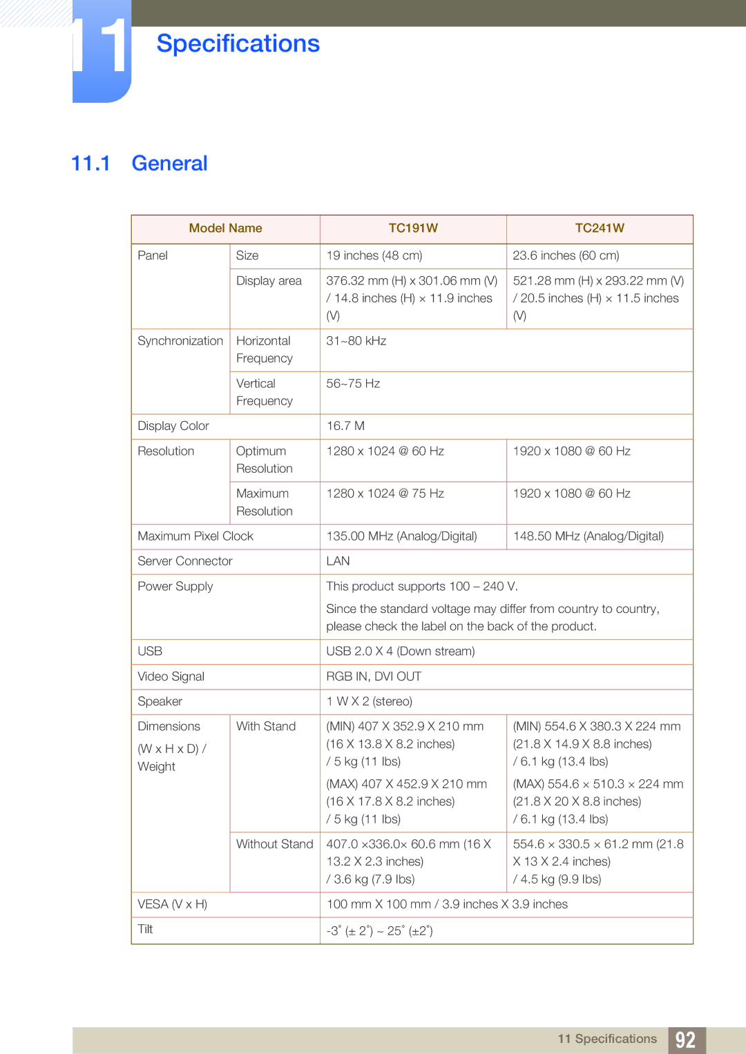 Samsung LF24TOWHBFM/UE, LF19TOWHBDM/EN, LF19TOWHBFM/EN, LF24TOWHBFM/EN, LF24TOWHBDM/EN, LF19TOWHBDM/XJ Specifications, General 