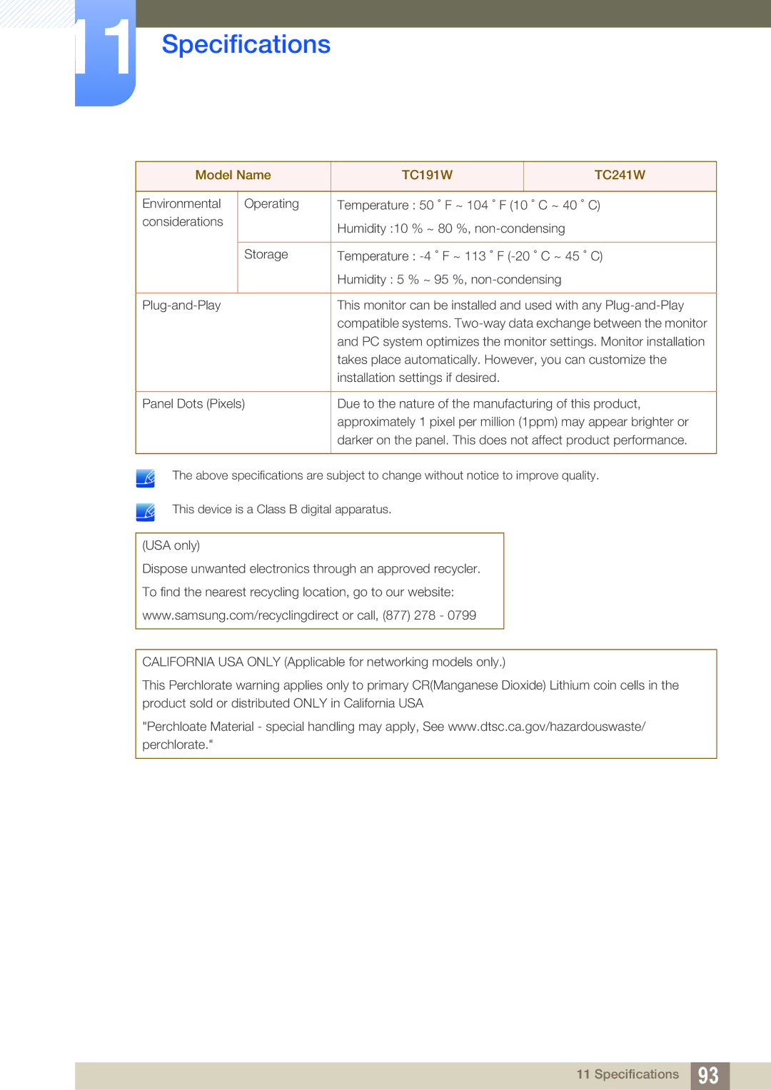 Samsung LF19TOWHBDM/XY, LF19TOWHBDM/EN, LF19TOWHBFM/EN, LF24TOWHBFM/EN, LF24TOWHBDM/EN, LF19TOWHBDM/XJ manual Specifications 