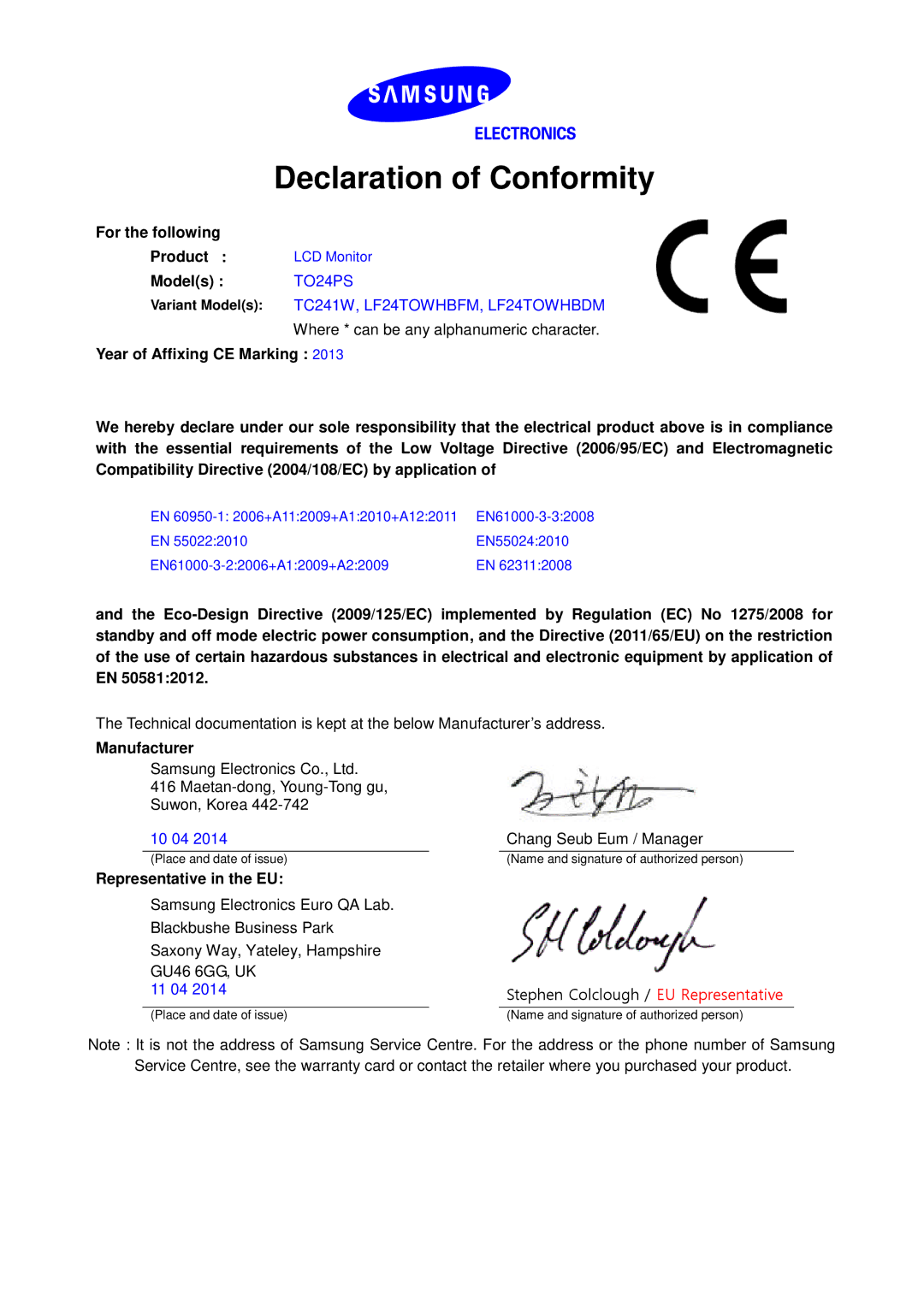 Samsung LF19TOWHBFM/EN, LF19TOWHBDM/EN manual Declaration of Conformity, TO24PS, TC241W, LF24TOWHBFM, LF24TOWHBDM 