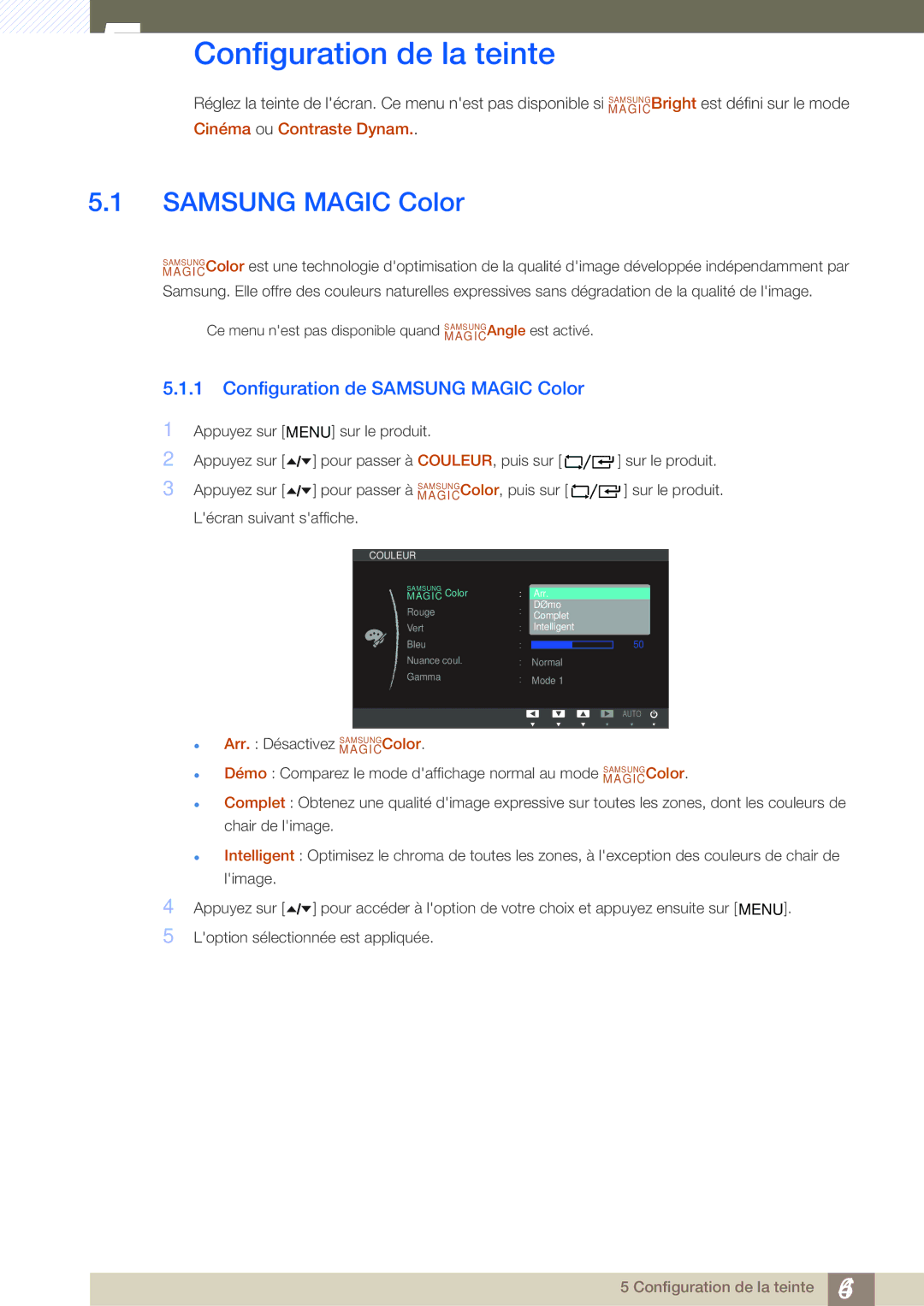 Samsung LF19TOWHBDM/EN, LF19TOWHBFM/EN, LF24TOWHBFM/EN Configuration de la teinte, Configuration de Samsung Magic Color 