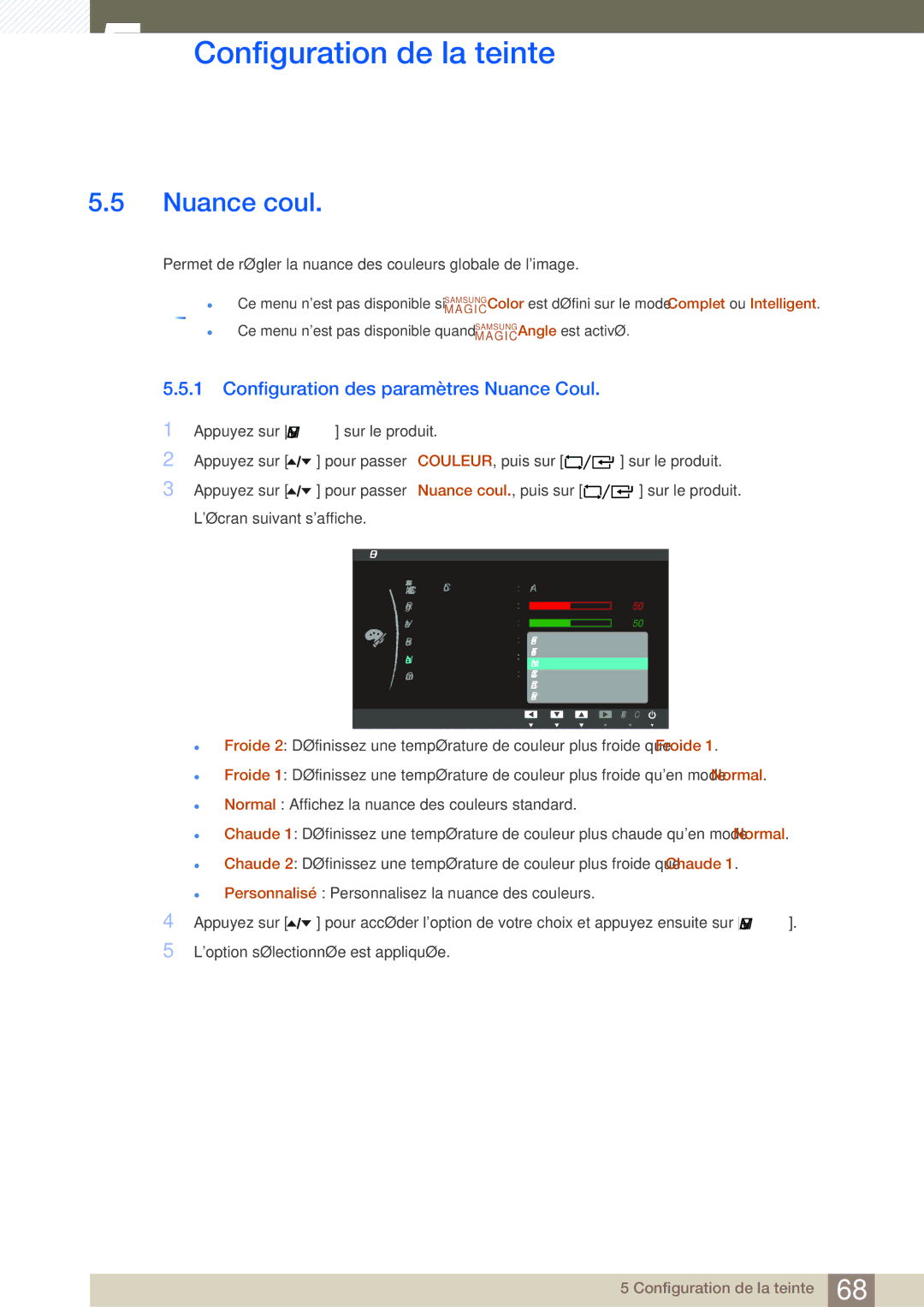 Samsung LF19TOWHBDM/EN, LF19TOWHBFM/EN, LF24TOWHBFM/EN, LF24TOWHBDM/EN Nuance coul, Configuration des paramètres Nuance Coul 