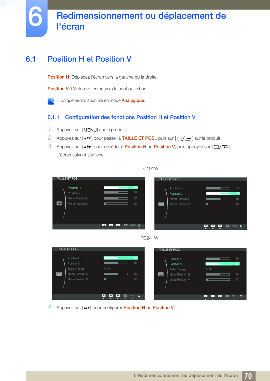 Samsung LF24TOWHBFM/EN, LF19TOWHBDM/EN, LF19TOWHBFM/EN Redimensionnementlécranou déplacement de, Position H et Position 