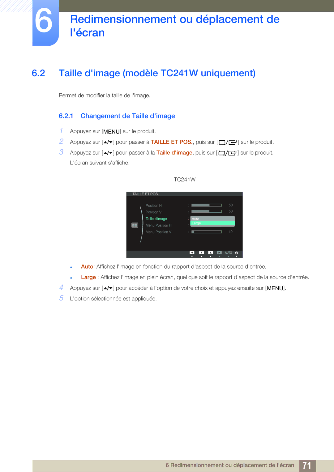 Samsung LF24TOWHBDM/EN, LF19TOWHBDM/EN, LF19TOWHBFM/EN Taille dimage modèle TC241W uniquement, Changement de Taille dimage 