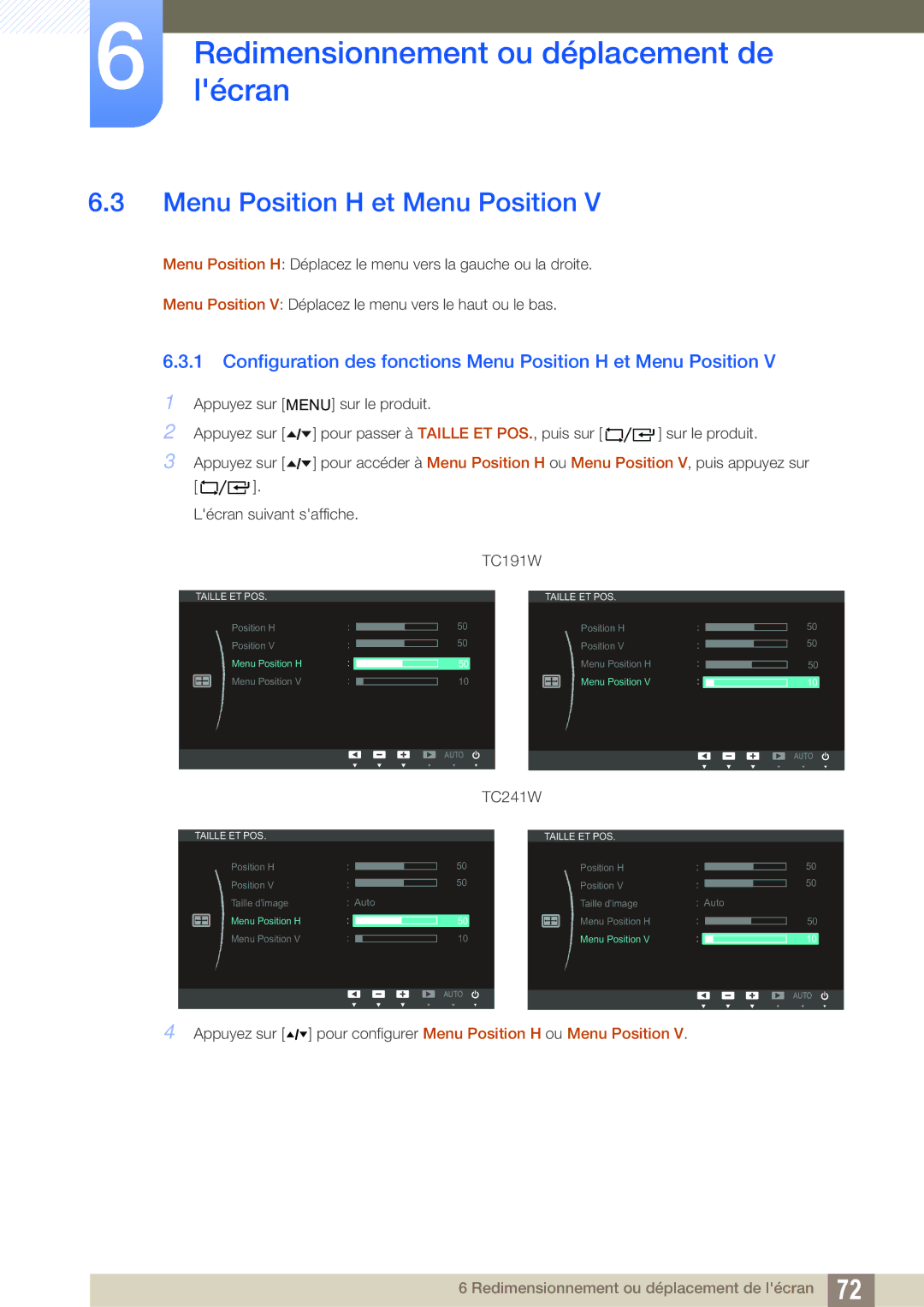 Samsung LF19TOWHBDM/EN, LF19TOWHBFM/EN, LF24TOWHBFM/EN Configuration des fonctions Menu Position H et Menu Position 