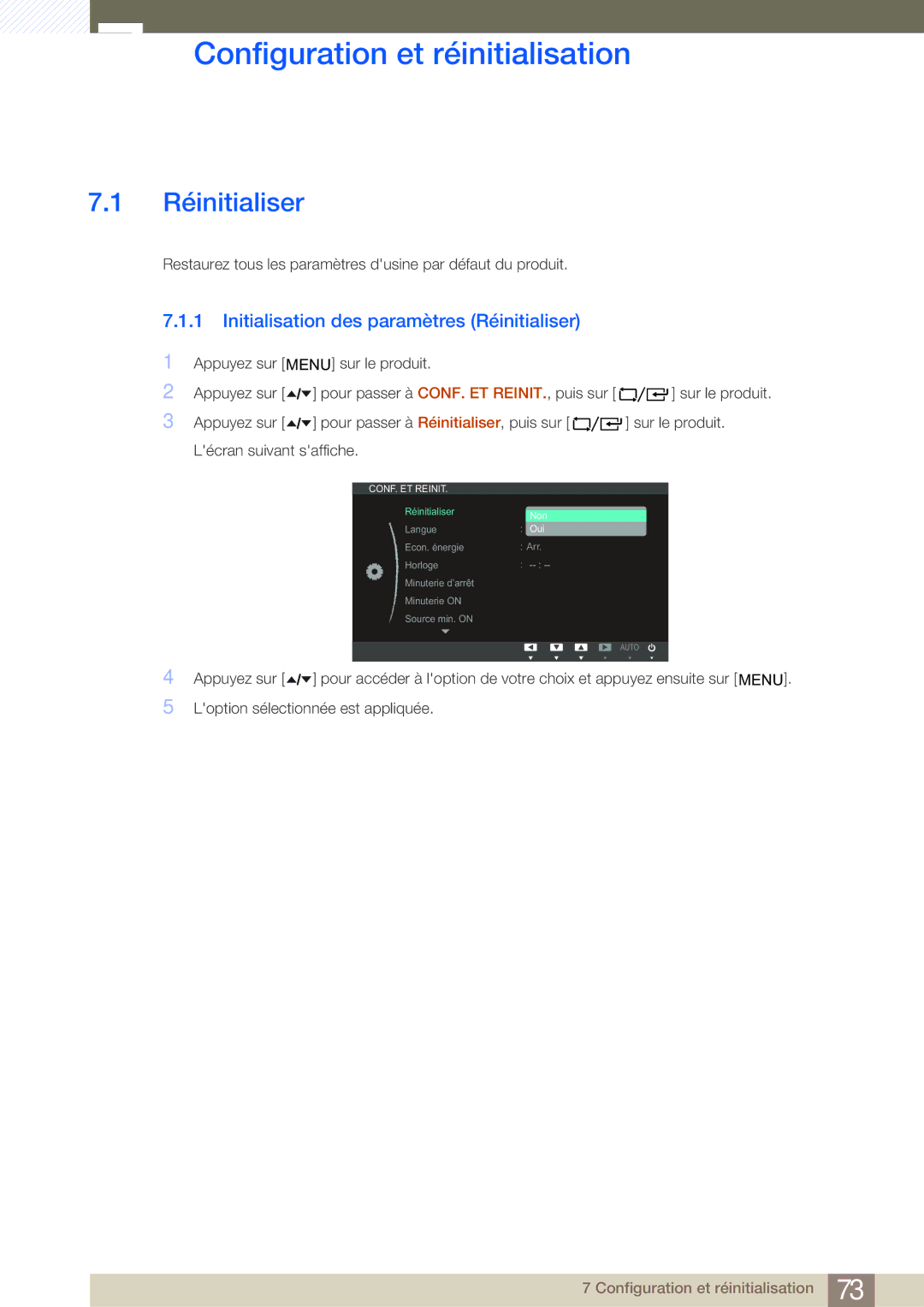 Samsung LF19TOWHBFM/EN, LF19TOWHBDM/EN Configuration et réinitialisation, Initialisation des paramètres Réinitialiser 