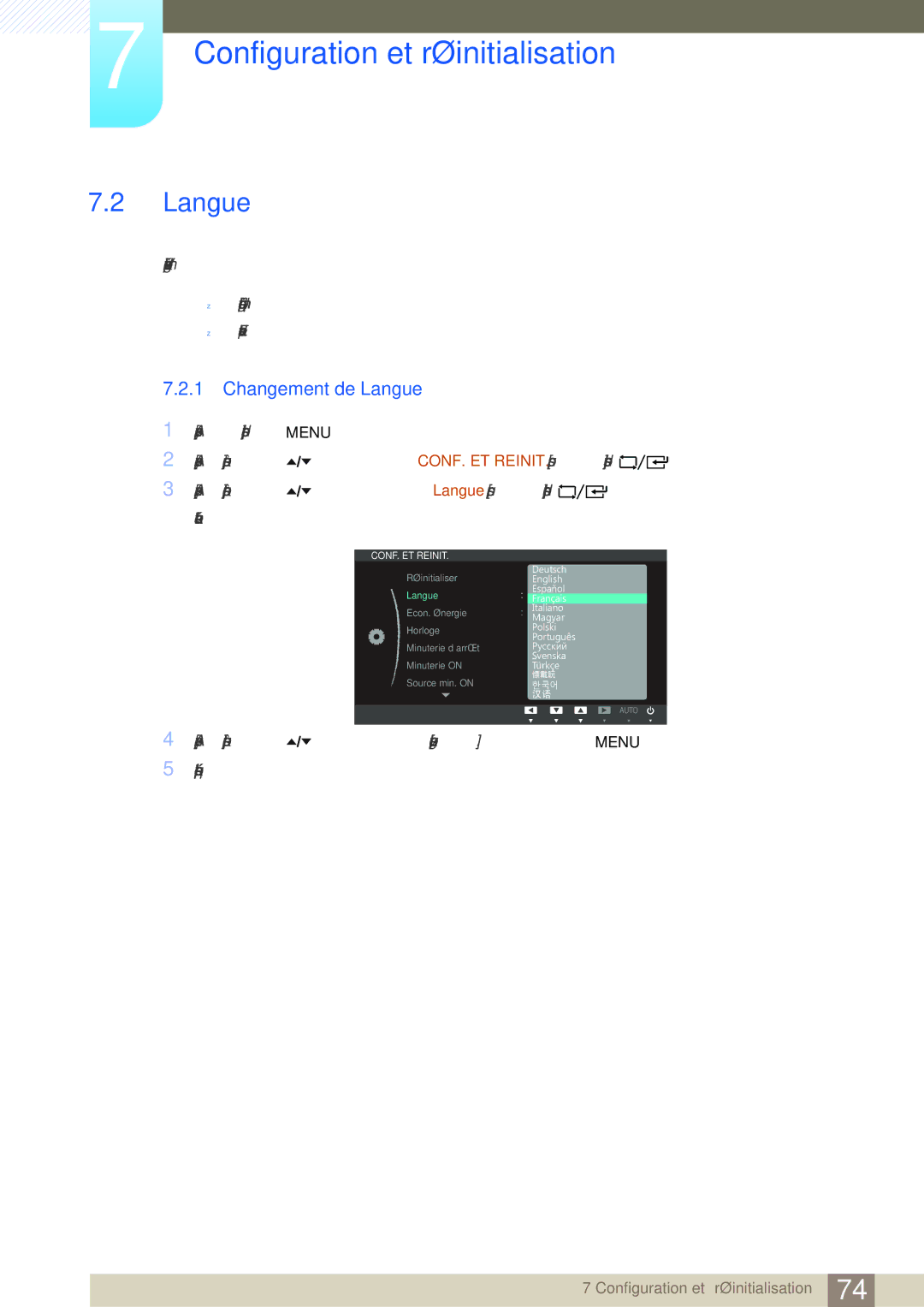 Samsung LF24TOWHBFM/EN, LF19TOWHBDM/EN, LF19TOWHBFM/EN, LF24TOWHBDM/EN manual Changement de Langue 