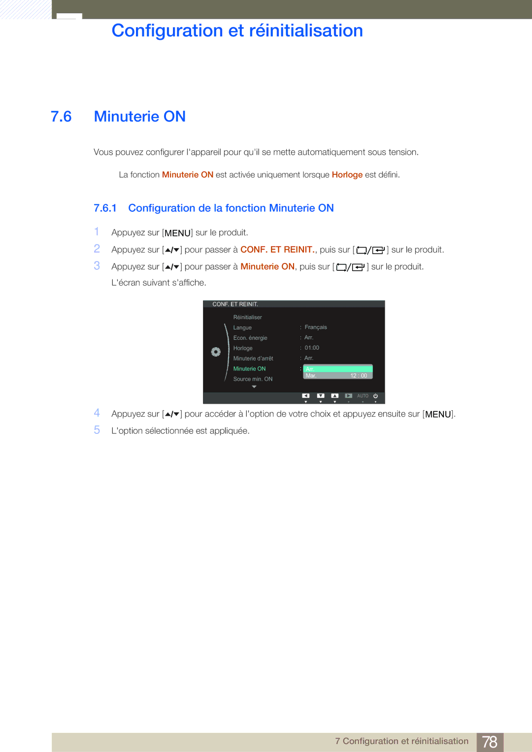 Samsung LF24TOWHBFM/EN, LF19TOWHBDM/EN, LF19TOWHBFM/EN, LF24TOWHBDM/EN manual Configuration de la fonction Minuterie on 