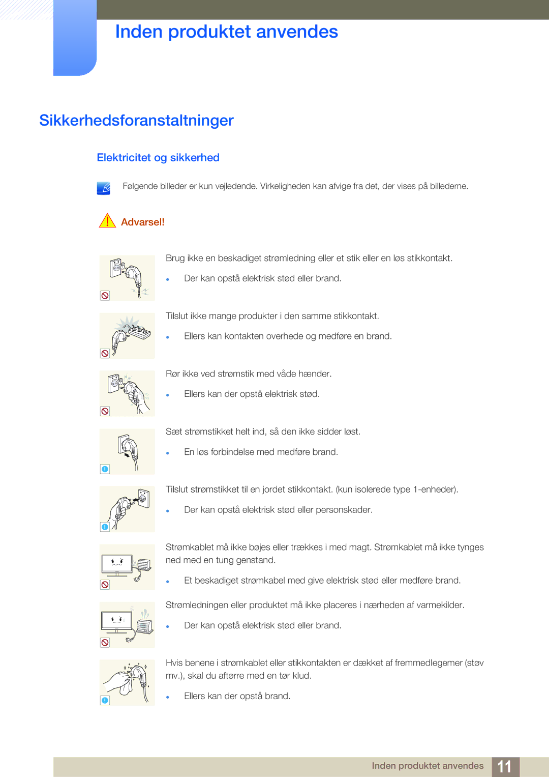 Samsung LF24TOWHBDM/EN, LF19TOWHBDM/EN, LF19TOWHBFM/EN, LF24TOWHBFM/EN Sikkerhedsforanstaltninger, Elektricitet og sikkerhed 