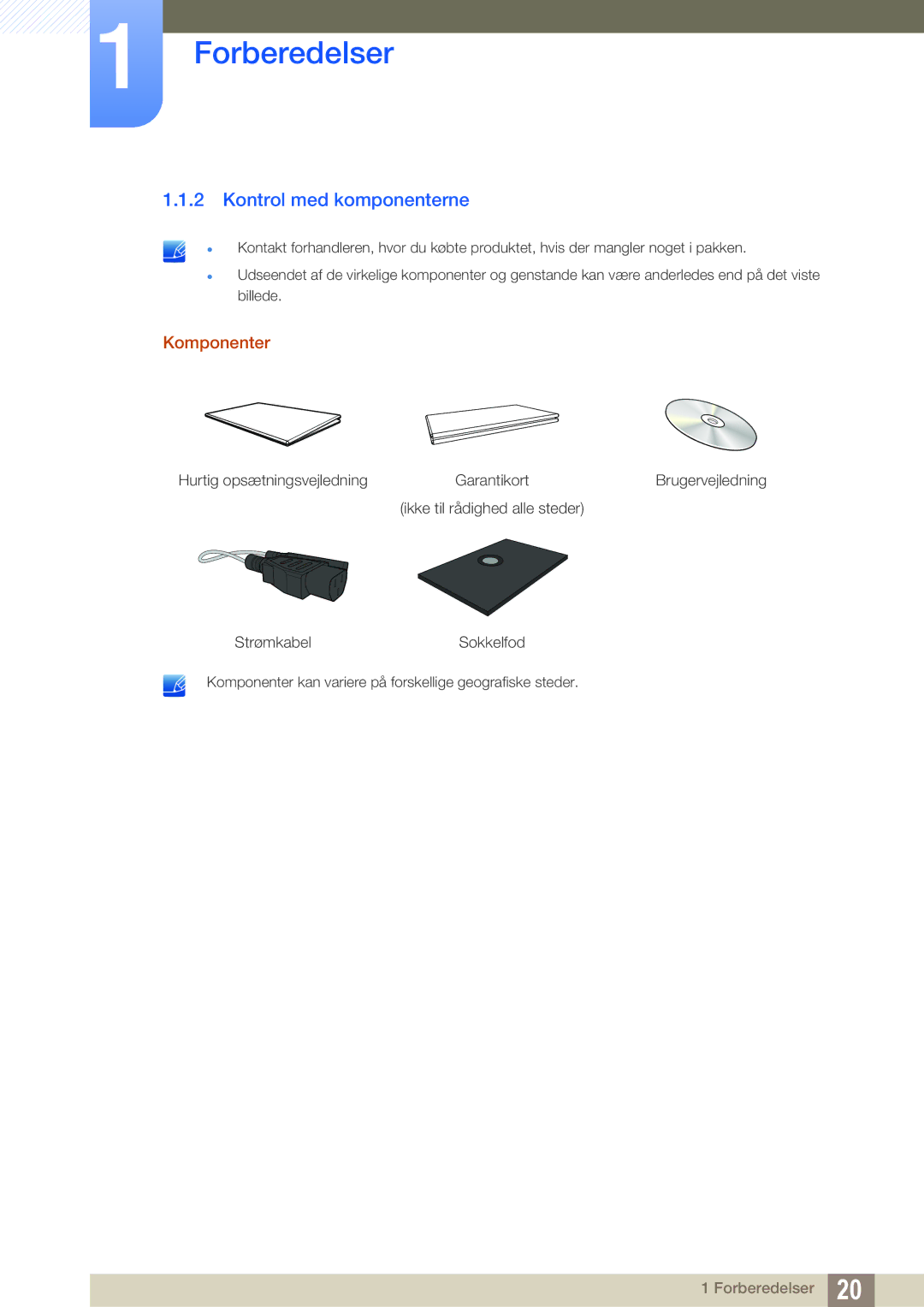 Samsung LF19TOWHBDM/EN, LF19TOWHBFM/EN, LF24TOWHBFM/EN, LF24TOWHBDM/EN manual Kontrol med komponenterne, Komponenter 