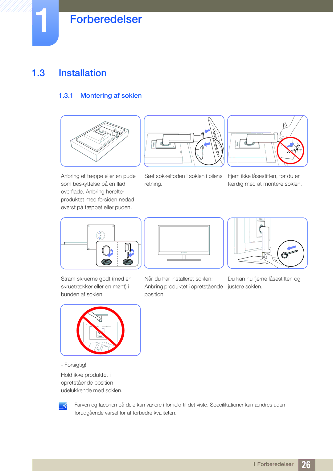 Samsung LF24TOWHBFM/EN, LF19TOWHBDM/EN, LF19TOWHBFM/EN, LF24TOWHBDM/EN manual Installation, Montering af soklen 