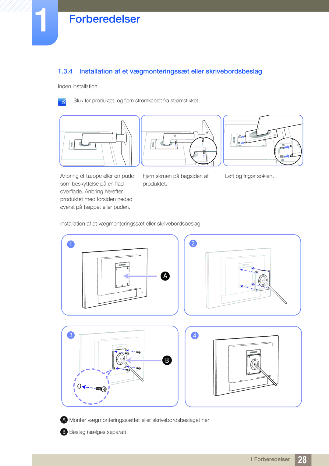 Samsung LF19TOWHBDM/EN, LF19TOWHBFM/EN, LF24TOWHBFM/EN manual Installation af et vægmonteringssæt eller skrivebordsbeslag 