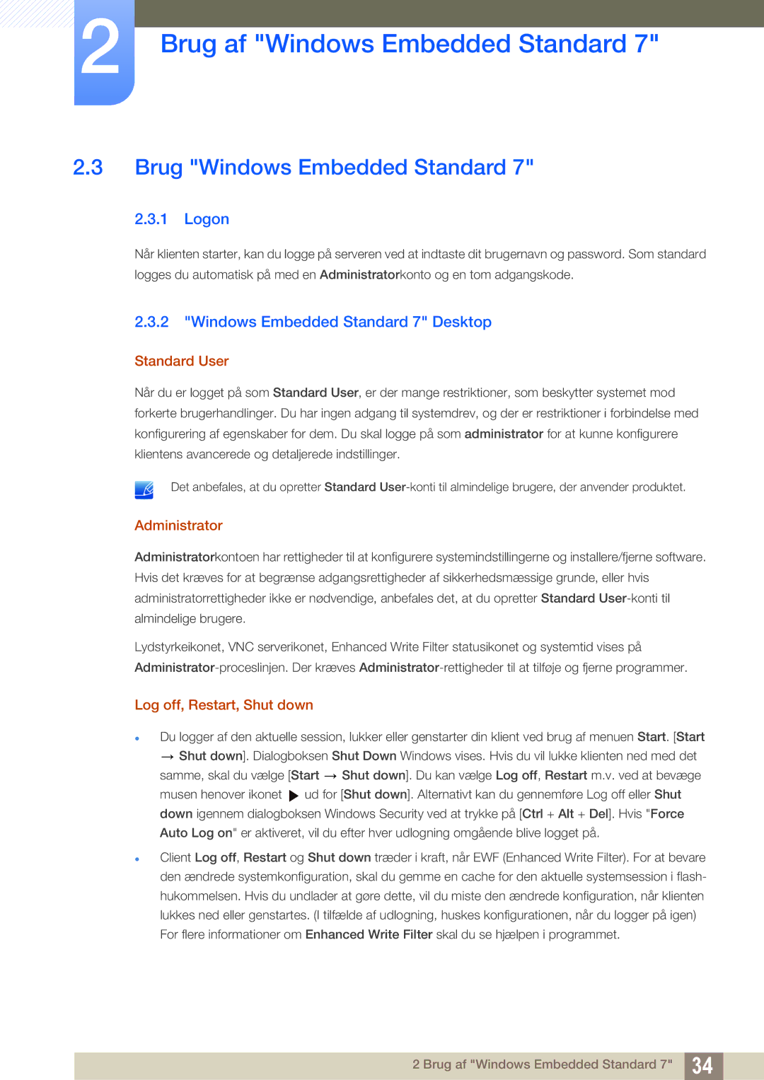 Samsung LF24TOWHBFM/EN, LF19TOWHBDM/EN manual Brug Windows Embedded Standard, Logon, Windows Embedded Standard 7 Desktop 