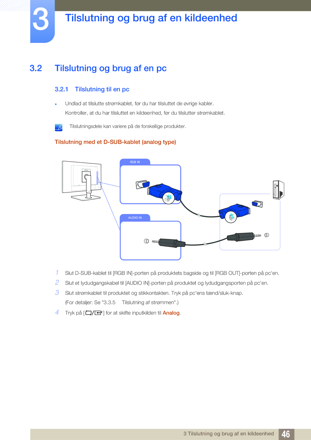 Samsung LF24TOWHBFM/EN Tilslutning og brug af en pc, Tilslutning til en pc, Tilslutning med et D-SUB-kablet analog type 