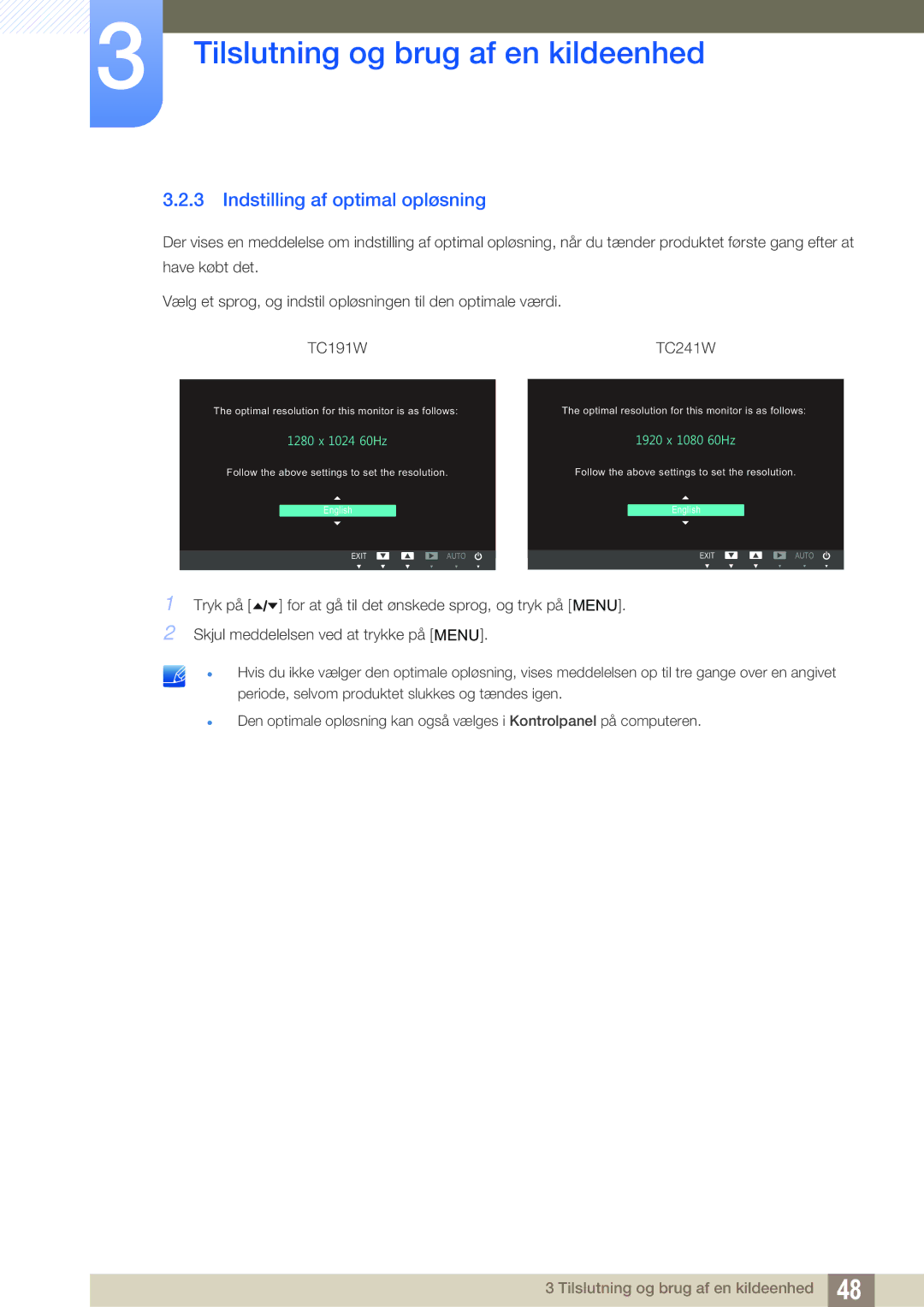 Samsung LF19TOWHBDM/EN, LF19TOWHBFM/EN, LF24TOWHBFM/EN, LF24TOWHBDM/EN manual Indstilling af optimal opløsning, + 