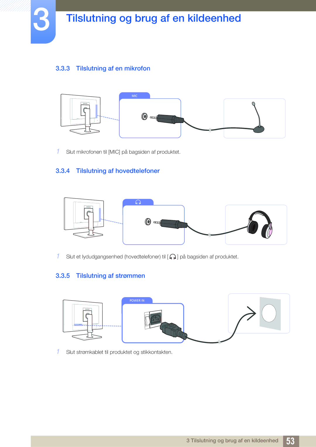 Samsung LF19TOWHBFM/EN, LF19TOWHBDM/EN Tilslutning af en mikrofon, Tilslutning af hovedtelefoner, Tilslutning af strømmen 