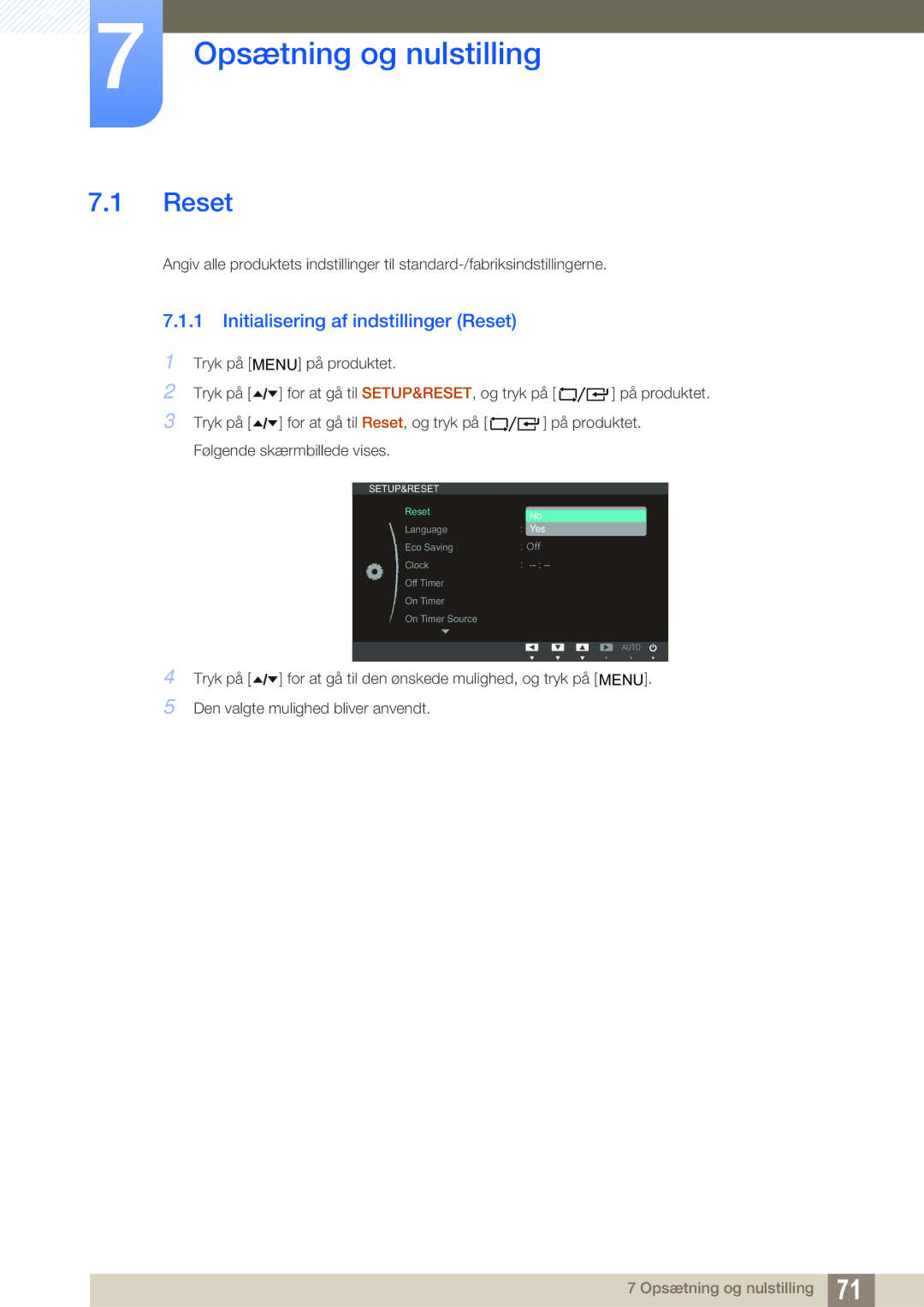 Samsung LF24TOWHBDM/EN, LF19TOWHBDM/EN, LF19TOWHBFM/EN Opsætning og nulstilling, Initialisering af indstillinger Reset 