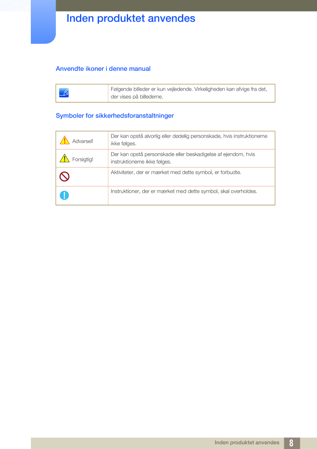 Samsung LF19TOWHBDM/EN, LF19TOWHBFM/EN Anvendte ikoner i denne manual, Symboler for sikkerhedsforanstaltninger 