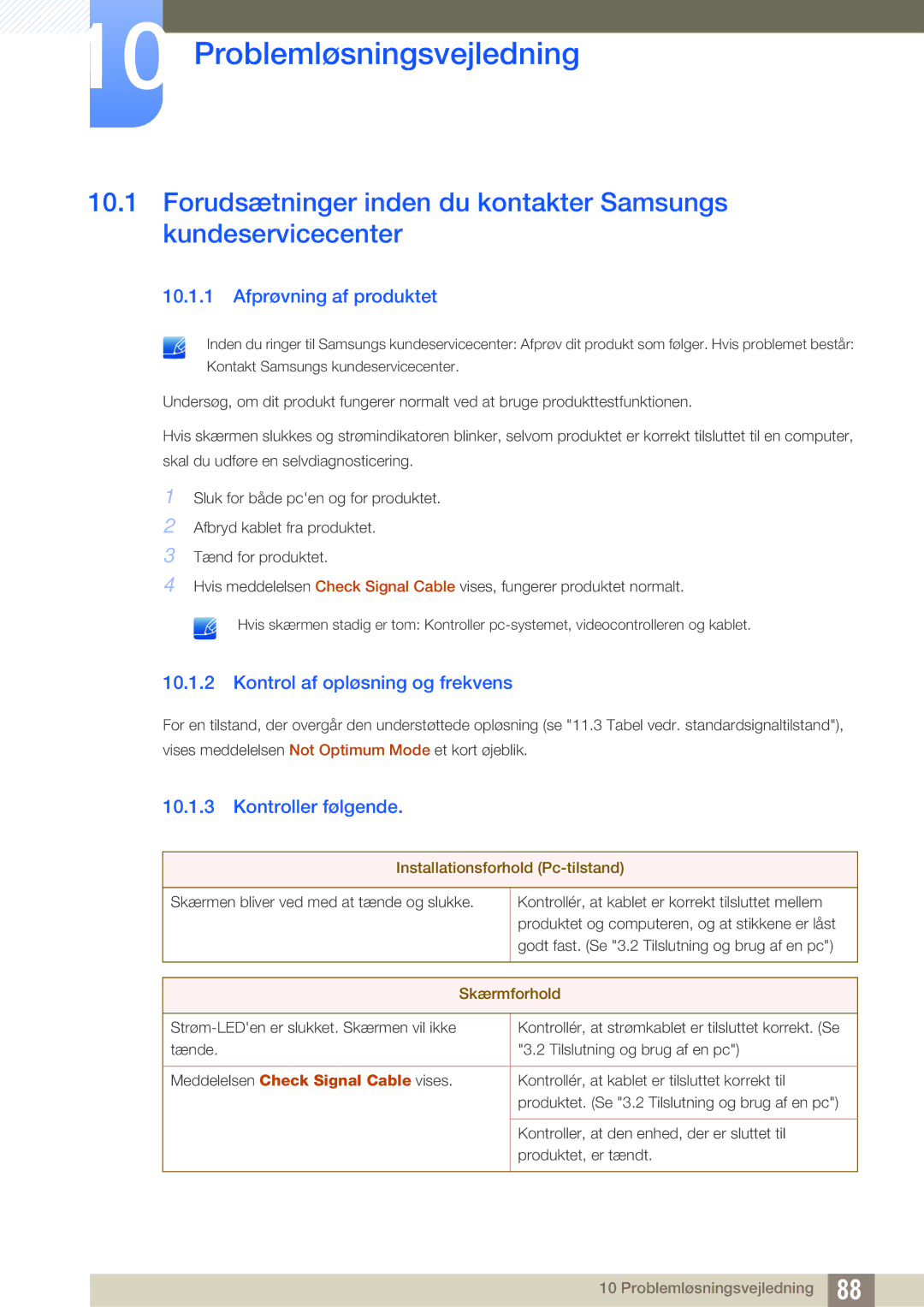 Samsung LF19TOWHBDM/EN manual Problemløsningsvejledning, Afprøvning af produktet, Kontrol af opløsning og frekvens 