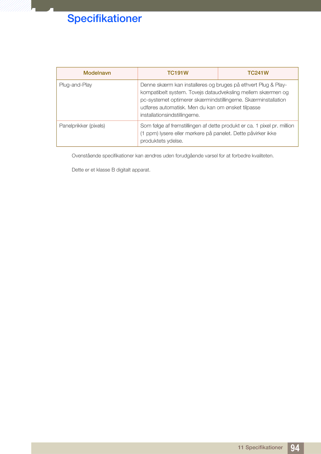 Samsung LF24TOWHBFM/EN, LF19TOWHBDM/EN, LF19TOWHBFM/EN, LF24TOWHBDM/EN manual Specifikationer 