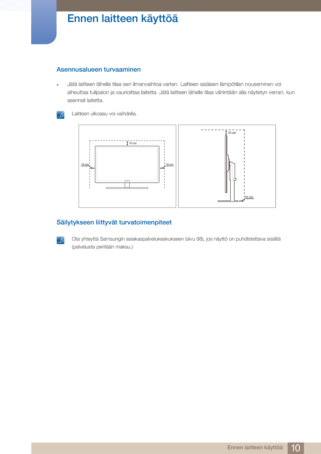 Samsung LF24TOWHBFM/EN, LF19TOWHBDM/EN, LF19TOWHBFM/EN Asennusalueen turvaaminen, Säilytykseen liittyvät turvatoimenpiteet 