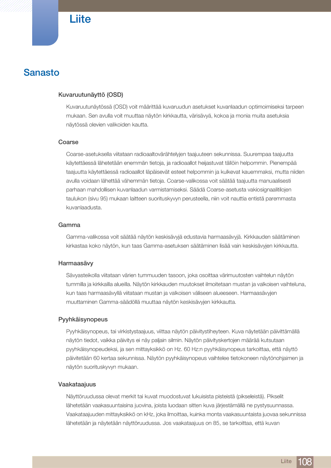 Samsung LF19TOWHBDM/EN, LF19TOWHBFM/EN, LF24TOWHBFM/EN, LF24TOWHBDM/EN manual Sanasto, Kuvaruutunäyttö OSD 