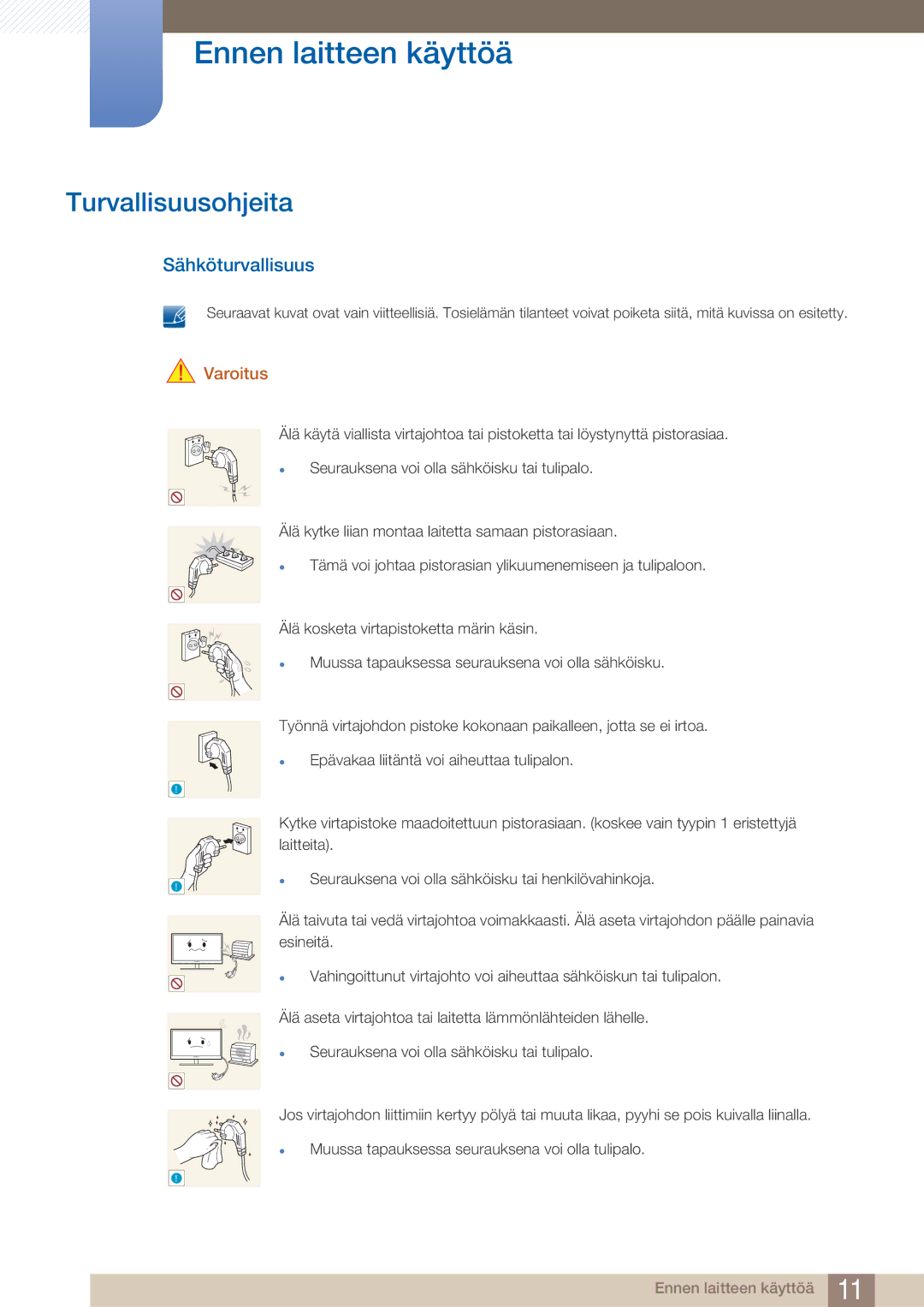 Samsung LF24TOWHBDM/EN, LF19TOWHBDM/EN, LF19TOWHBFM/EN, LF24TOWHBFM/EN manual Turvallisuusohjeita, Sähköturvallisuus, Varoitus 