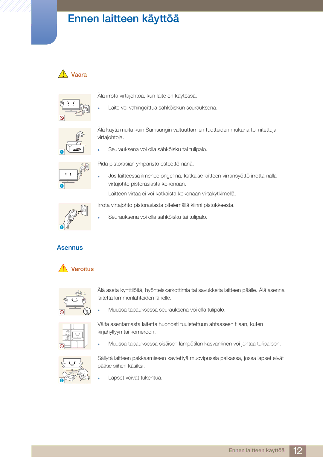 Samsung LF19TOWHBDM/EN, LF19TOWHBFM/EN, LF24TOWHBFM/EN, LF24TOWHBDM/EN manual Asennus, Vaara 