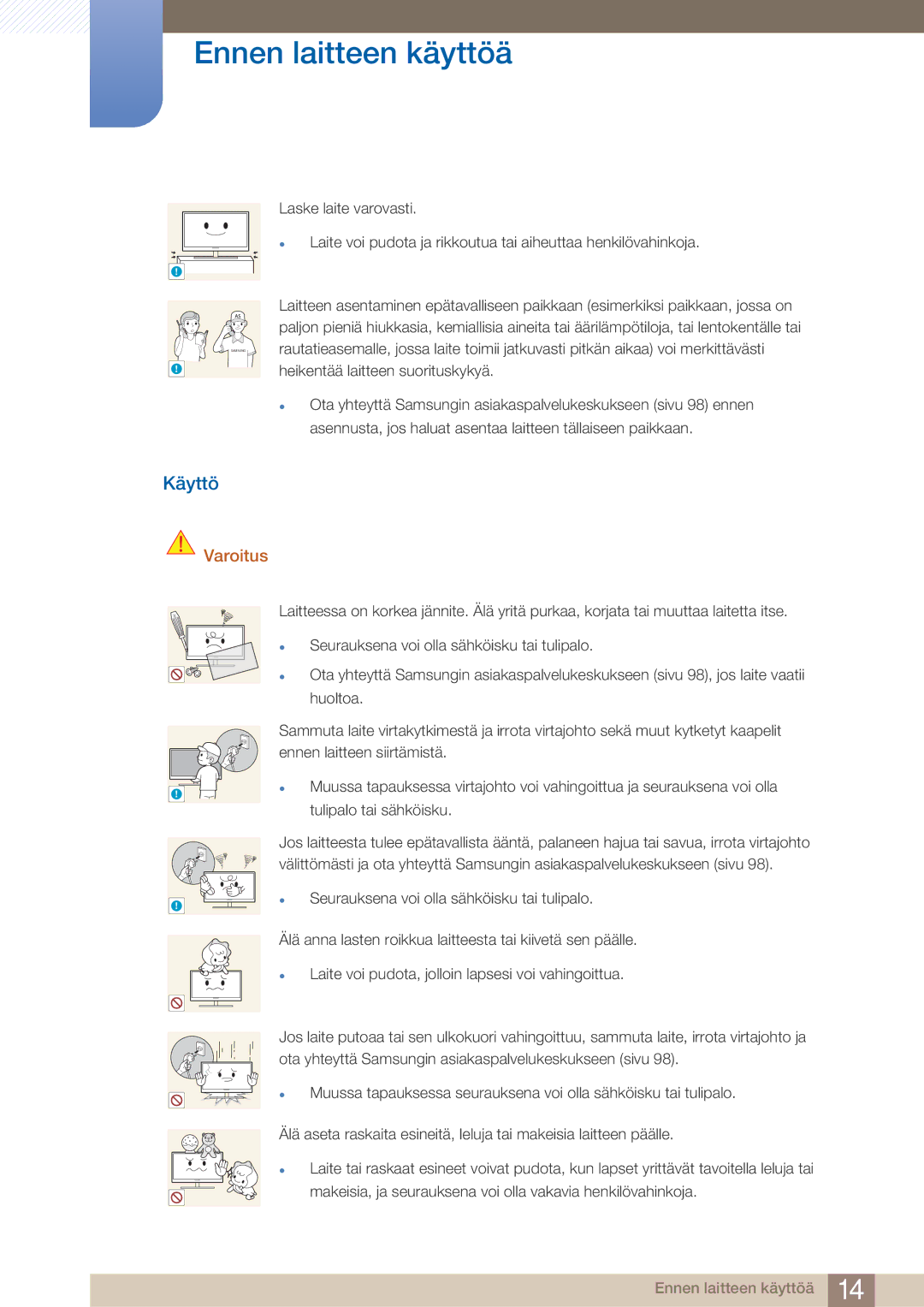 Samsung LF24TOWHBFM/EN, LF19TOWHBDM/EN, LF19TOWHBFM/EN, LF24TOWHBDM/EN manual Käyttö, Tulipalo tai sähköisku 