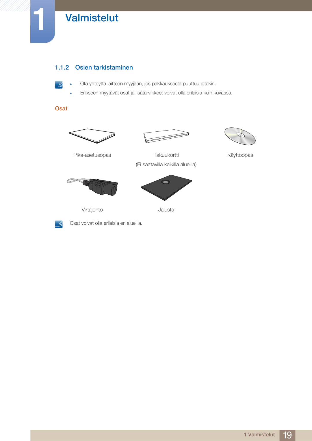 Samsung LF24TOWHBDM/EN, LF19TOWHBDM/EN, LF19TOWHBFM/EN, LF24TOWHBFM/EN manual Osien tarkistaminen, Osat 