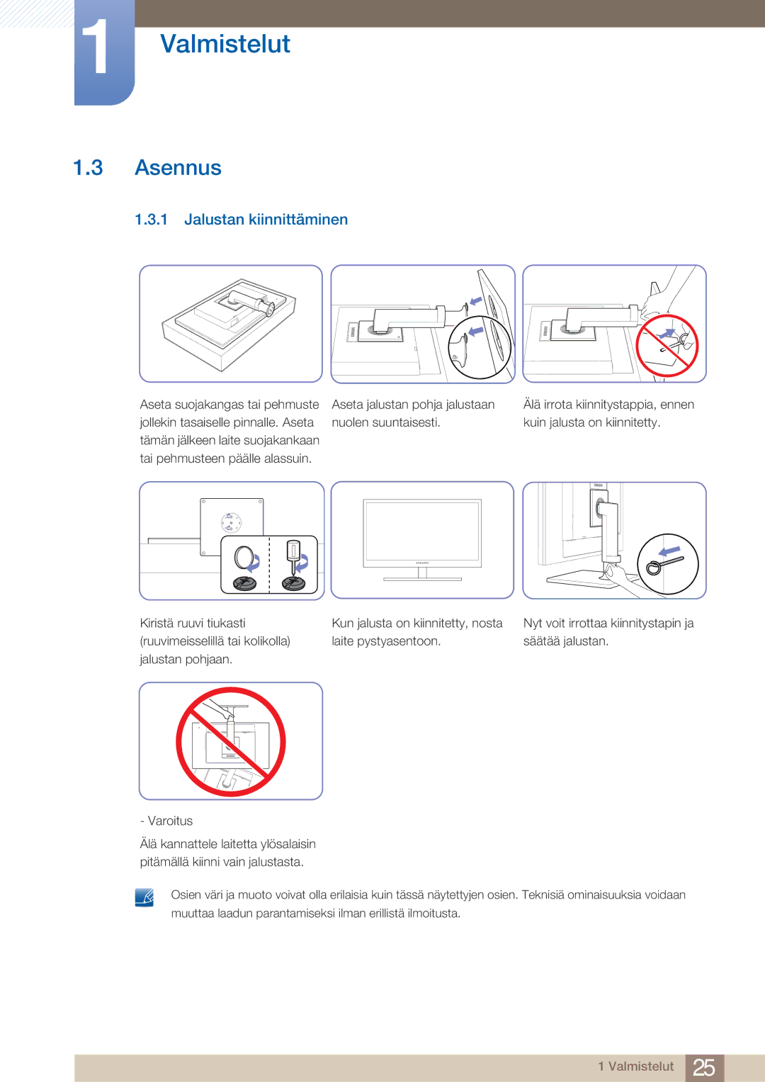 Samsung LF19TOWHBFM/EN, LF19TOWHBDM/EN, LF24TOWHBFM/EN, LF24TOWHBDM/EN manual Asennus, Jalustan kiinnittäminen 