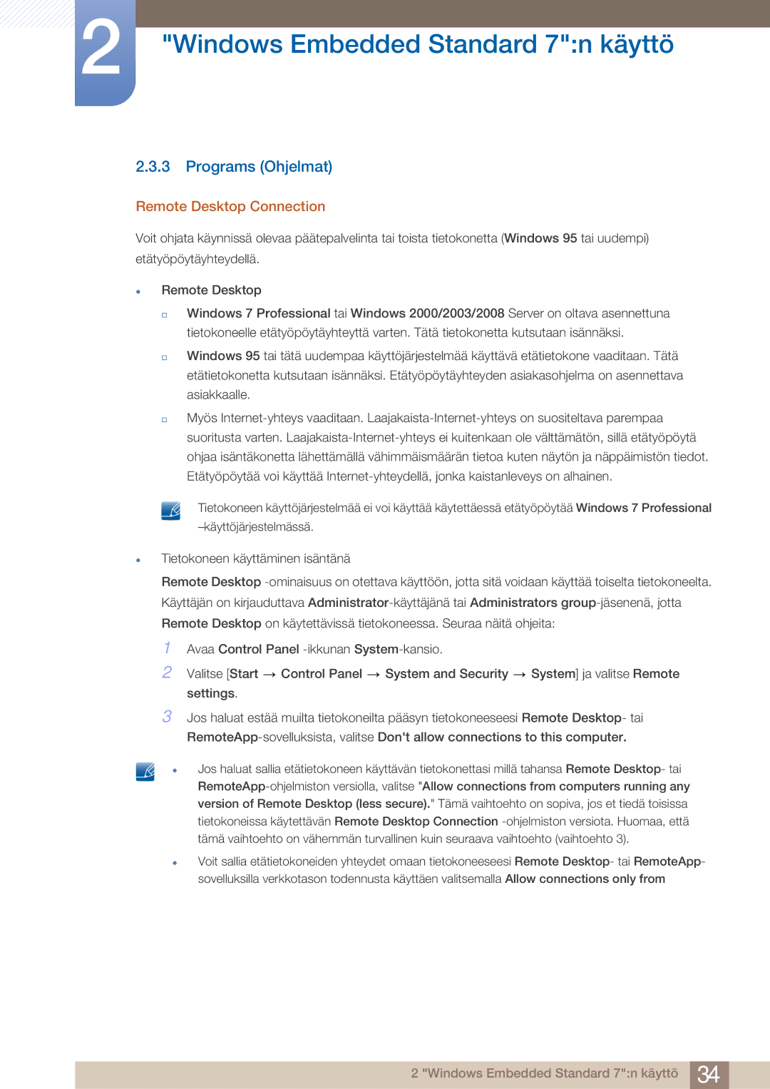 Samsung LF24TOWHBFM/EN, LF19TOWHBDM/EN, LF19TOWHBFM/EN, LF24TOWHBDM/EN manual Programs Ohjelmat, Remote Desktop Connection 