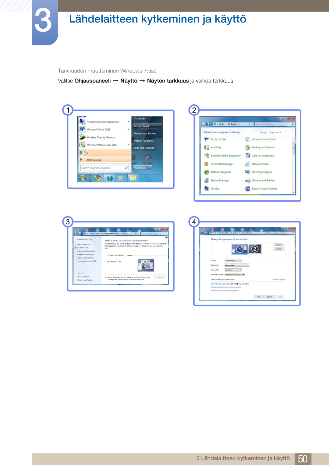 Samsung LF24TOWHBFM/EN, LF19TOWHBDM/EN, LF19TOWHBFM/EN, LF24TOWHBDM/EN manual Tarkkuuden muuttaminen Windows 7ssä 