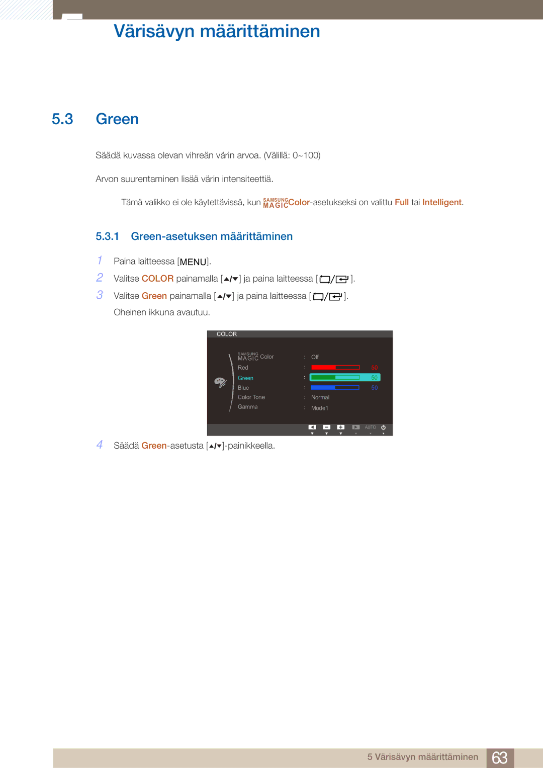 Samsung LF24TOWHBDM/EN, LF19TOWHBDM/EN, LF19TOWHBFM/EN, LF24TOWHBFM/EN manual Green-asetuksen määrittäminen 