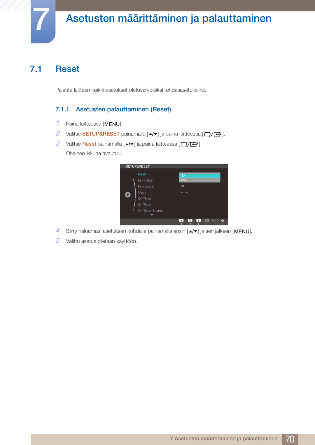 Samsung LF24TOWHBFM/EN, LF19TOWHBDM/EN manual Asetusten määrittäminen ja palauttaminen, Asetusten palauttaminen Reset 