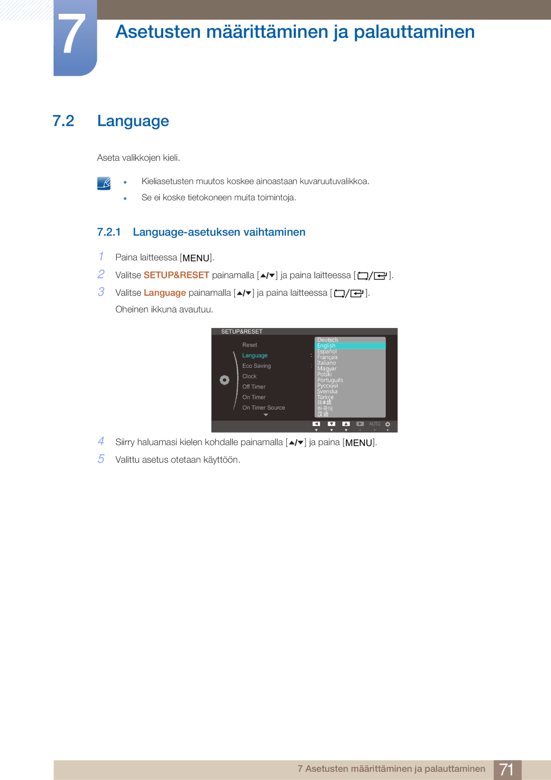 Samsung LF24TOWHBDM/EN, LF19TOWHBDM/EN, LF19TOWHBFM/EN, LF24TOWHBFM/EN manual Language-asetuksen vaihtaminen 