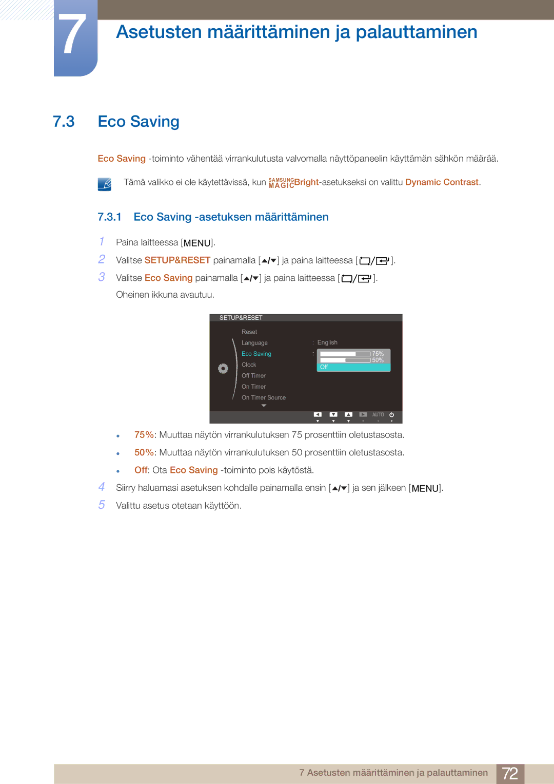 Samsung LF19TOWHBDM/EN, LF19TOWHBFM/EN, LF24TOWHBFM/EN, LF24TOWHBDM/EN manual Eco Saving -asetuksen määrittäminen 