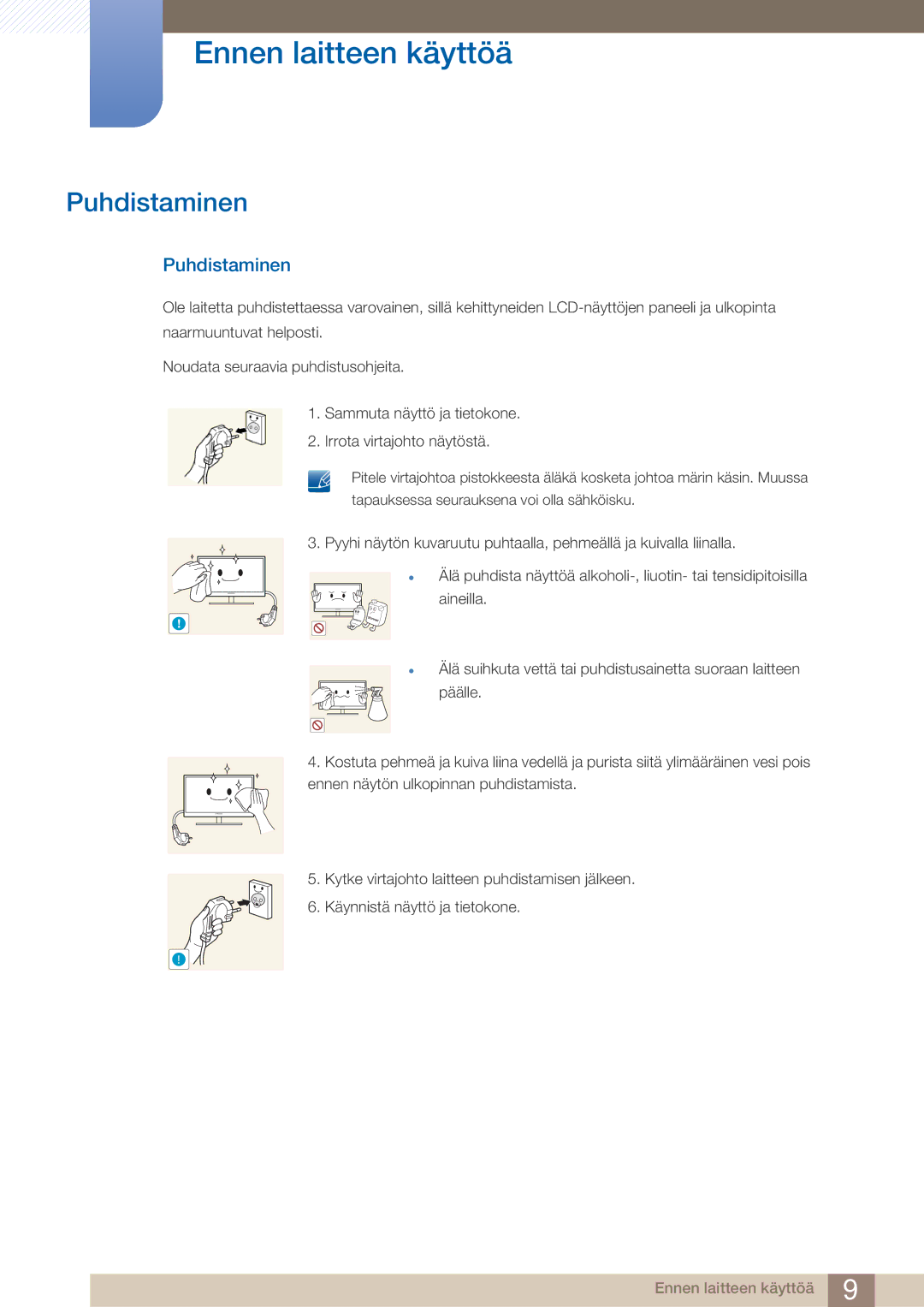 Samsung LF19TOWHBFM/EN, LF19TOWHBDM/EN, LF24TOWHBFM/EN, LF24TOWHBDM/EN manual Puhdistaminen 