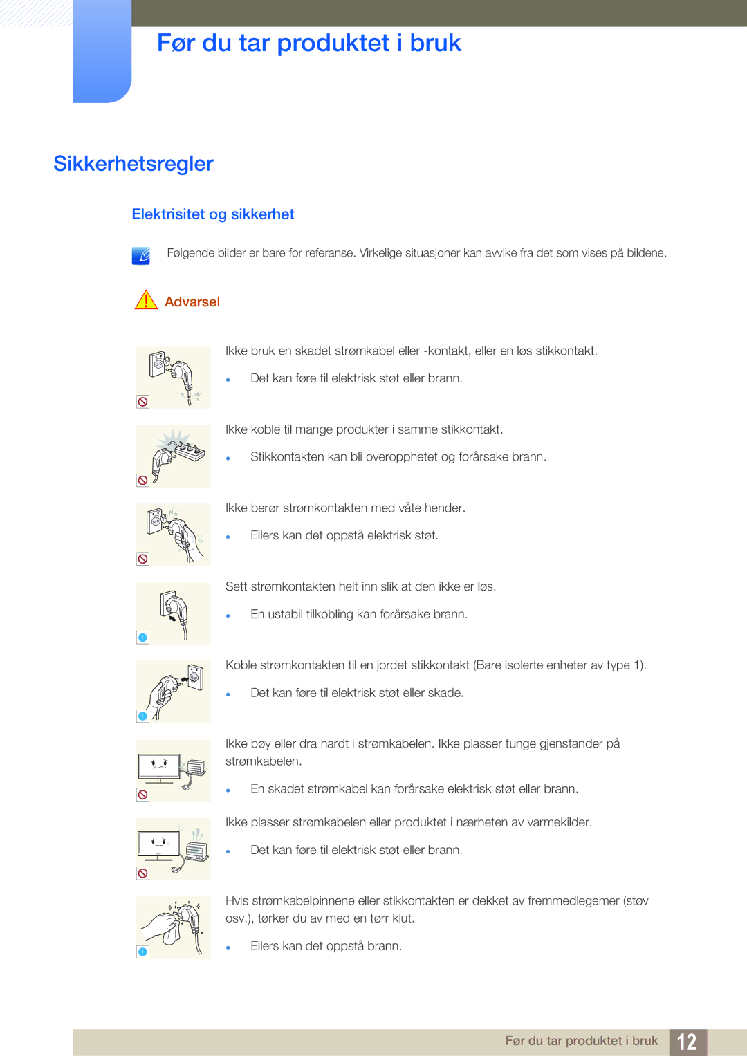 Samsung LF24TOWHBDM/EN, LF19TOWHBDM/EN, LF19TOWHBFM/EN, LF24TOWHBFM/EN manual Sikkerhetsregler, Elektrisitet og sikkerhet 