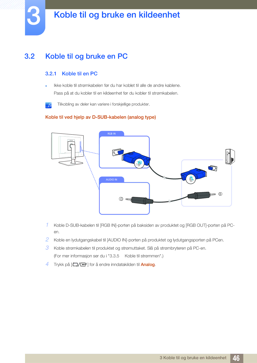 Samsung LF19TOWHBFM/EN manual Koble til og bruke en PC, Koble til en PC, Koble til ved hjelp av D-SUB-kabelen analog type 