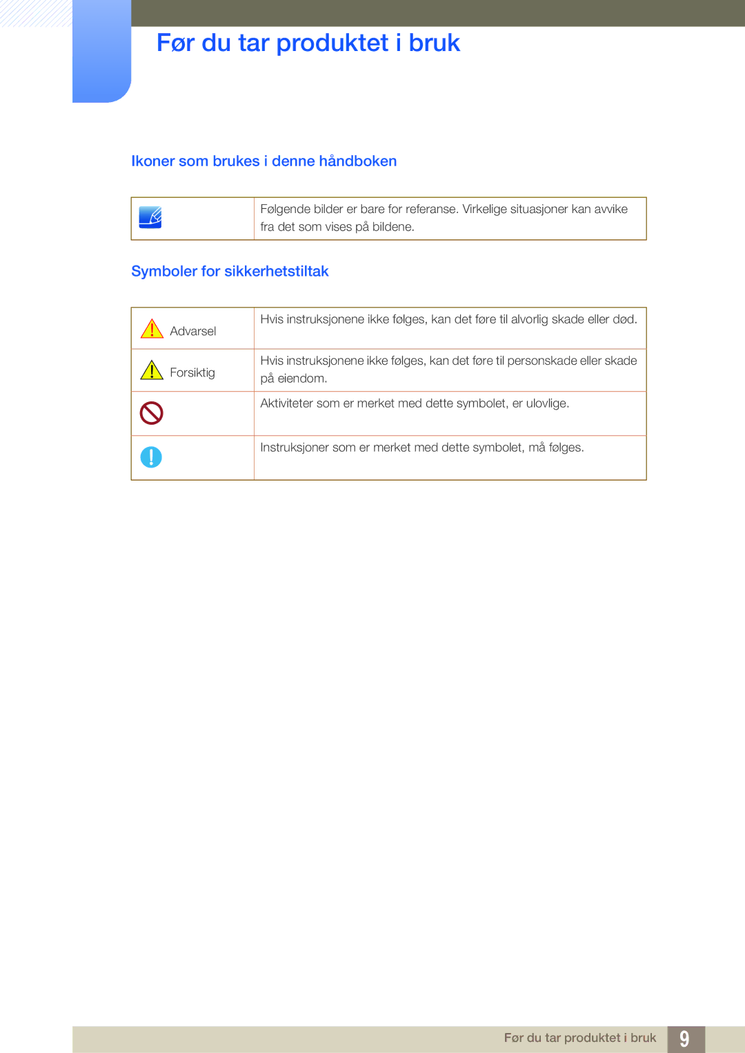 Samsung LF19TOWHBDM/EN, LF19TOWHBFM/EN, LF24TOWHBFM/EN Ikoner som brukes i denne håndboken, Symboler for sikkerhetstiltak 