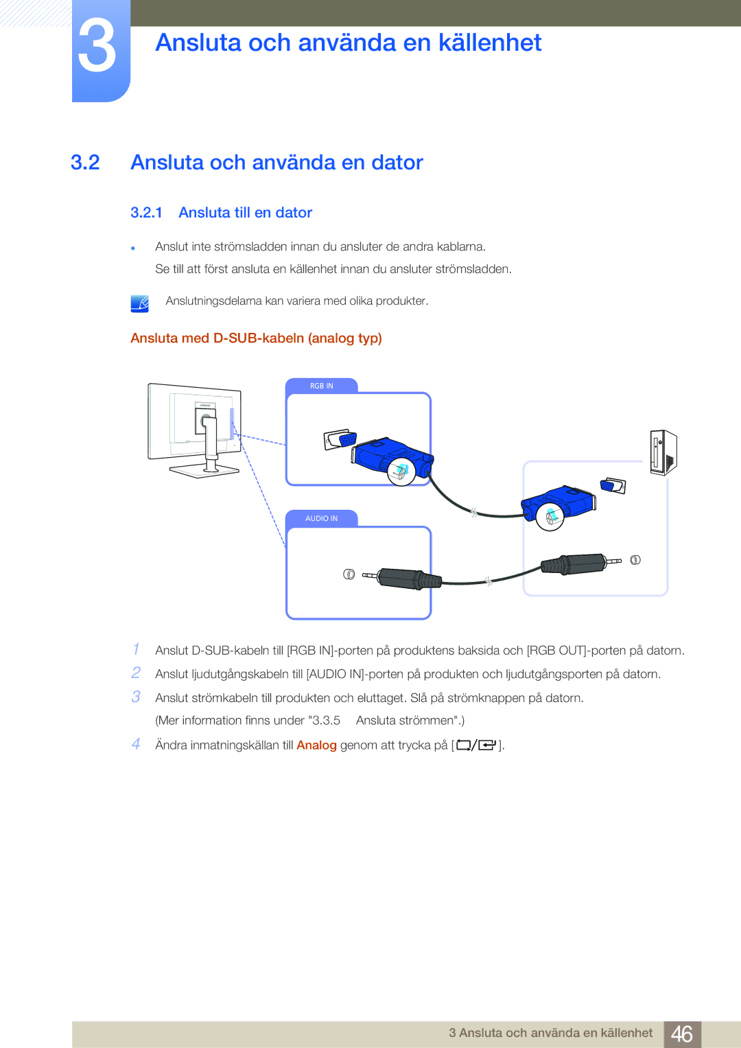 Samsung LF24TOWHBFM/EN manual Ansluta och använda en dator, Ansluta till en dator, Ansluta med D-SUB-kabeln analog typ 