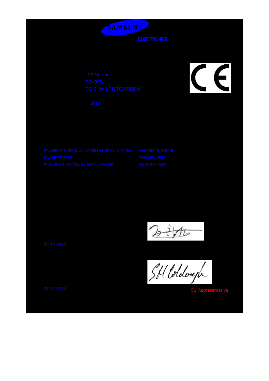 Samsung LF19TOWHBFM/EN, LF19TOWHBDM/EN manual Declaration of Conformity, TO19PS, TC191W, LF19TOWHBDM, 02 12, 03 12 