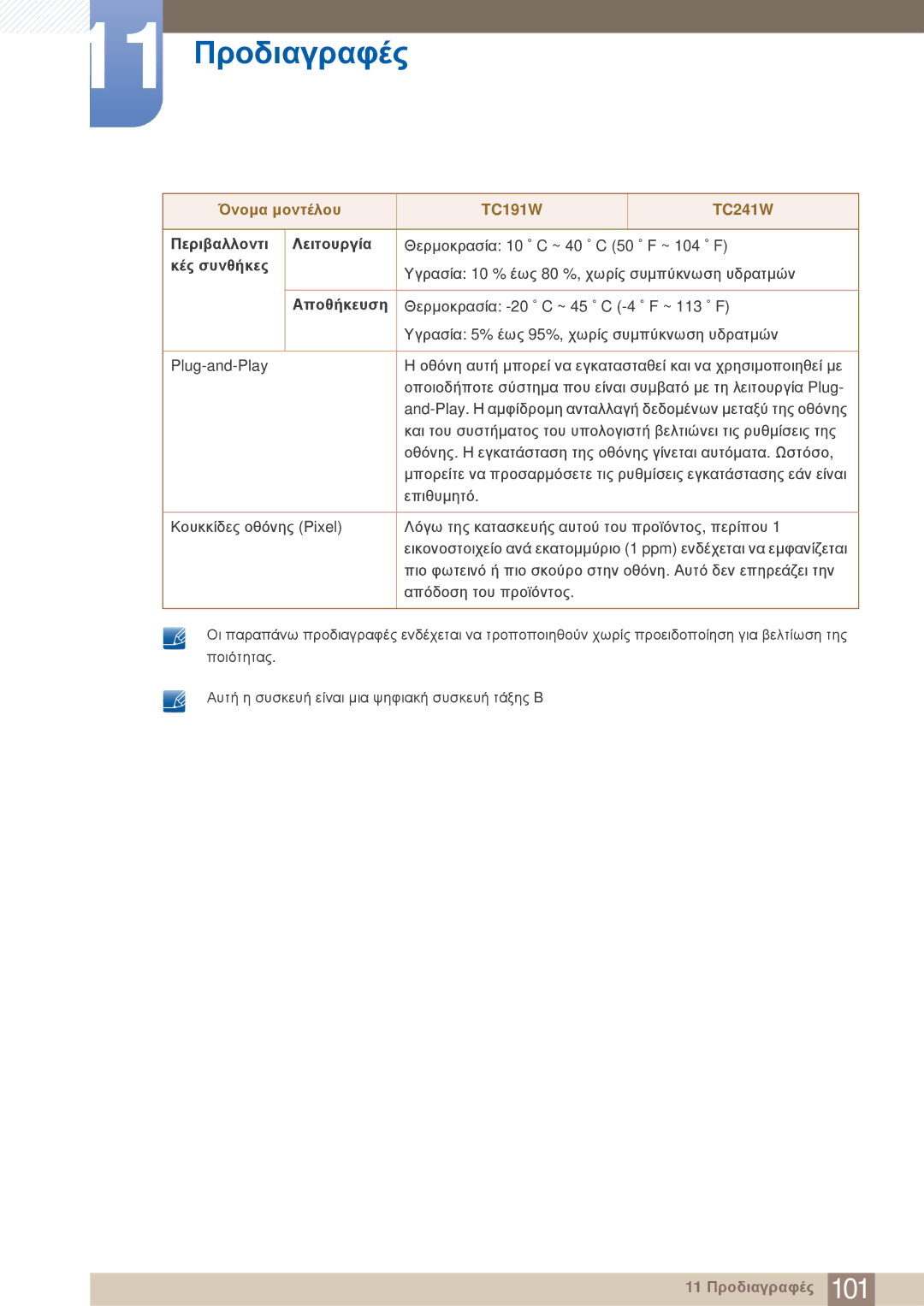 Samsung LF24TOWHBFM/EN, LF19TOWHBDM/EN, LF19TOWHBFM/EN manual Περιβαλλοντι Λειτουργία, Κές συνθήκες, Αποθήκευση 