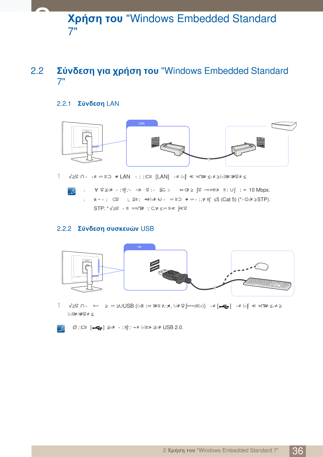 Samsung LF19TOWHBDM/EN manual Σύνδεση για χρήση του Windows Embedded Standard, 1 Σύνδεση LAN, 2 Σύνδεση συσκευών USB 