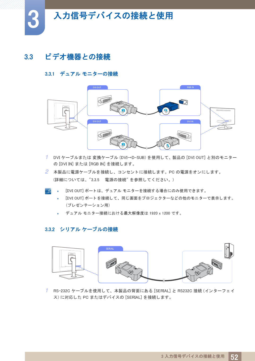 Samsung LF19TOWHBDM/XJ, LF24TOWHBDM/XJ manual ビデオ機器との接続, 1 デュ アル モニ ターの接続, 2 シ リ アル ケーブルの接続 