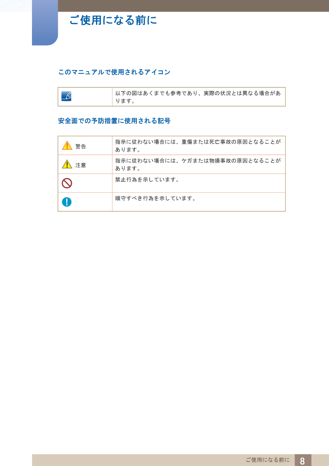 Samsung LF19TOWHBDM/XJ, LF24TOWHBDM/XJ manual このマニ ュ アルで使用されるア イ コ ン, 安全面での予防措置に使用される記号 