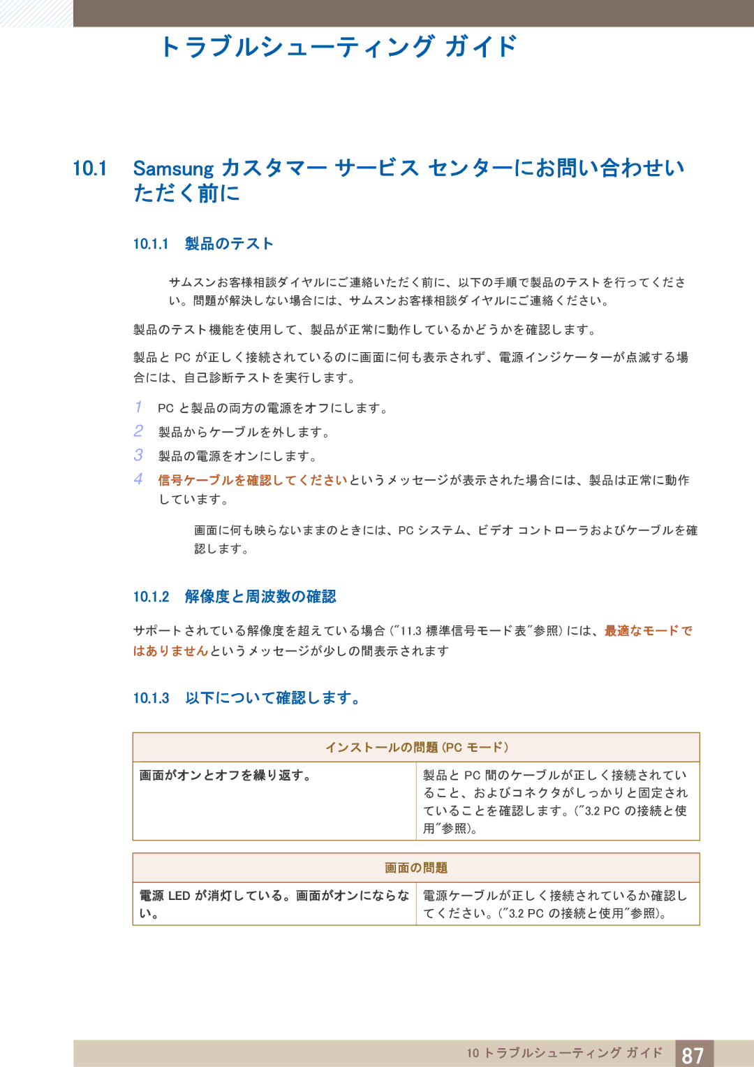 Samsung LF24TOWHBDM/XJ Samsung カス タ マー サービス セン ターにお問い合わせい ただ く 前に, 10.1.1 製品のテス ト, 10.1.2 解像度と周波数の確認, 10.1.3 以下について確認し ます。 