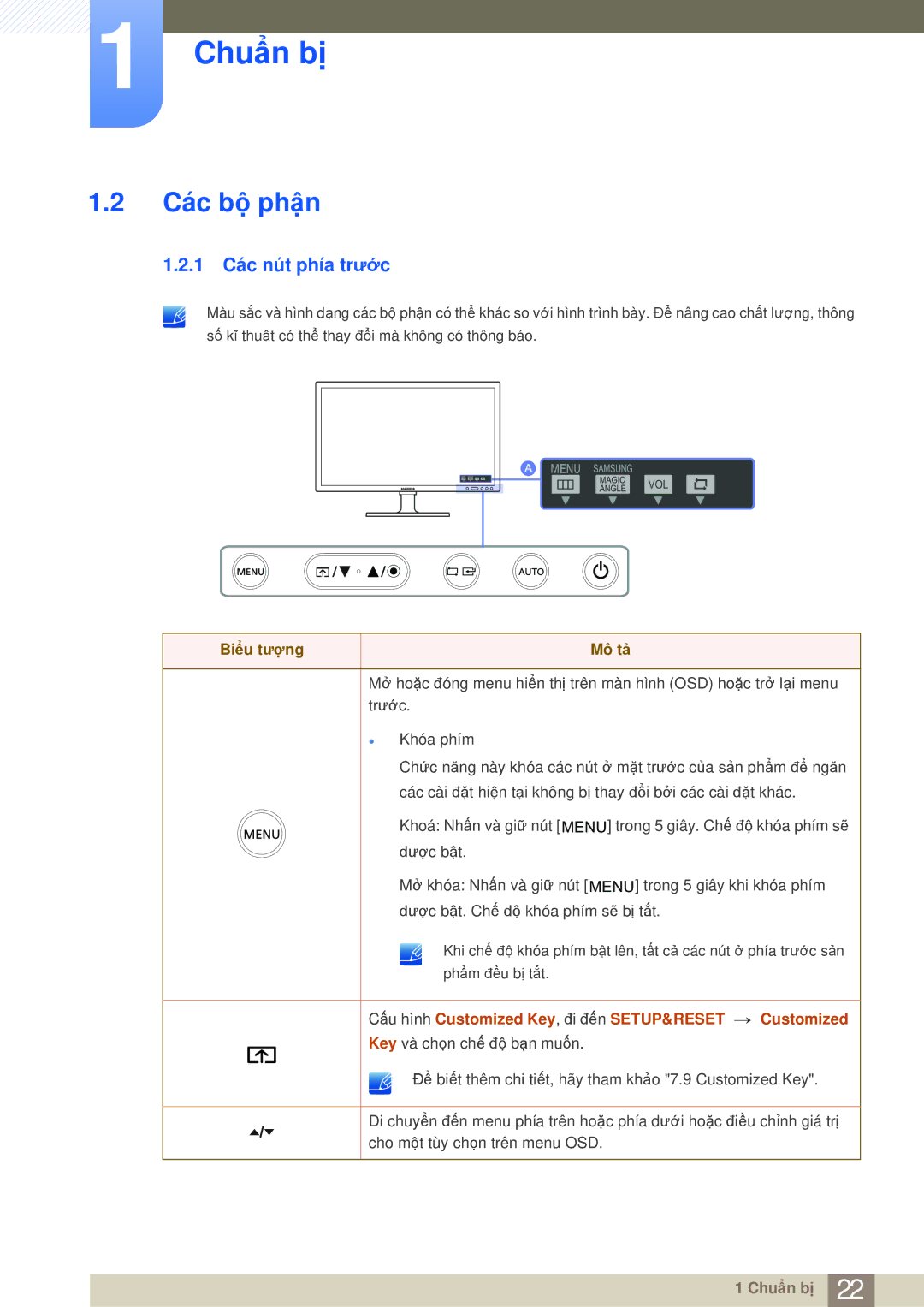 Samsung LF19TOWHBFM/XY, LF19TOWHBFM/EN, LF19TOWHBDM/XY, LF24TOWHBFM/XY manual Các bộ phận, 1 Các nút phía trước 