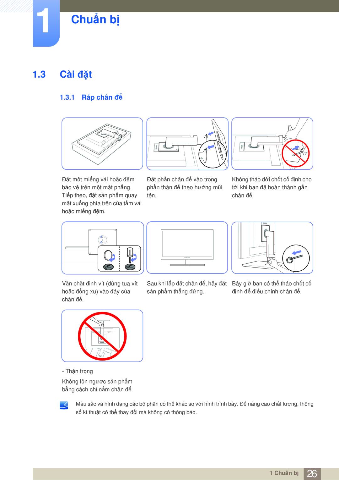 Samsung LF19TOWHBFM/XY, LF19TOWHBFM/EN, LF19TOWHBDM/XY, LF24TOWHBFM/XY manual Cài đặt, 1 Ráp chân đế 